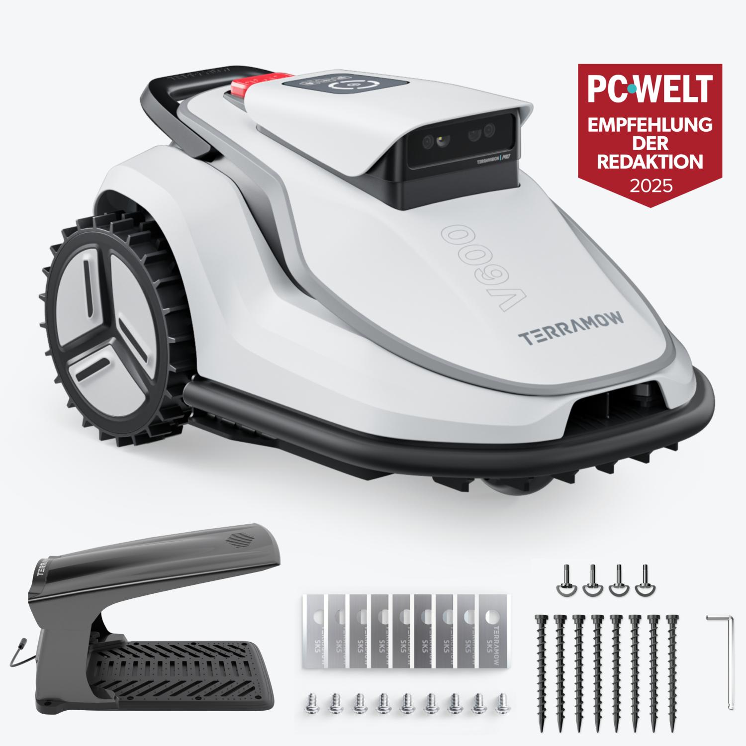 Terramow V600 mit Garage, Mähroboter, smarter Rasenroboter für 600 m², Gartenpflege ohne Begrenzungskabel